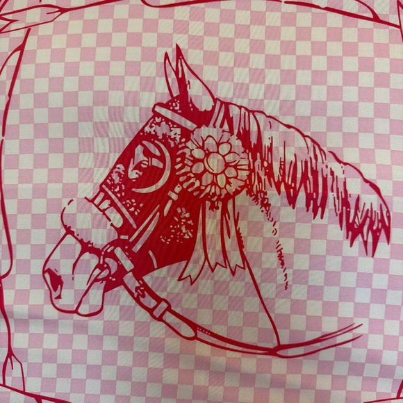 Equestrian Silk Scarf – Pink & White Check with Horse & Tack Design - Picture 8 of 10